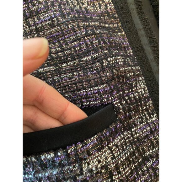 Chicos 1 Tweed Metallic Jacket W/ Black Stretch Sleeves & Fringe Hem Medium - Picture 5 of 10